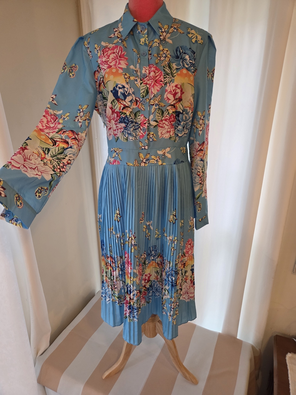 Blue Floral Pleated Midi Shirt Dress